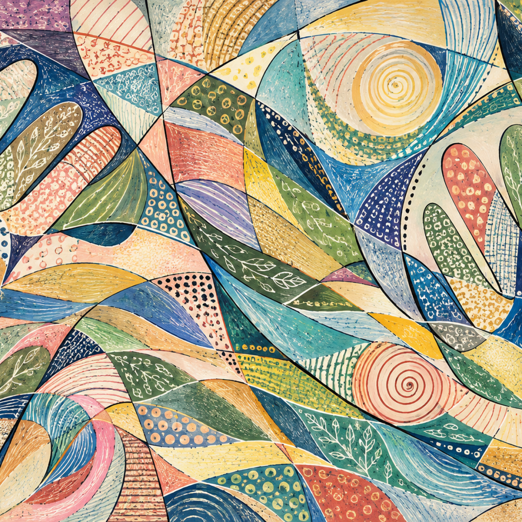 A colorful abstract artwork featuring overlapping curved shapes in various shades of blue, green, pink, and yellow, with intricate patterns and textures.