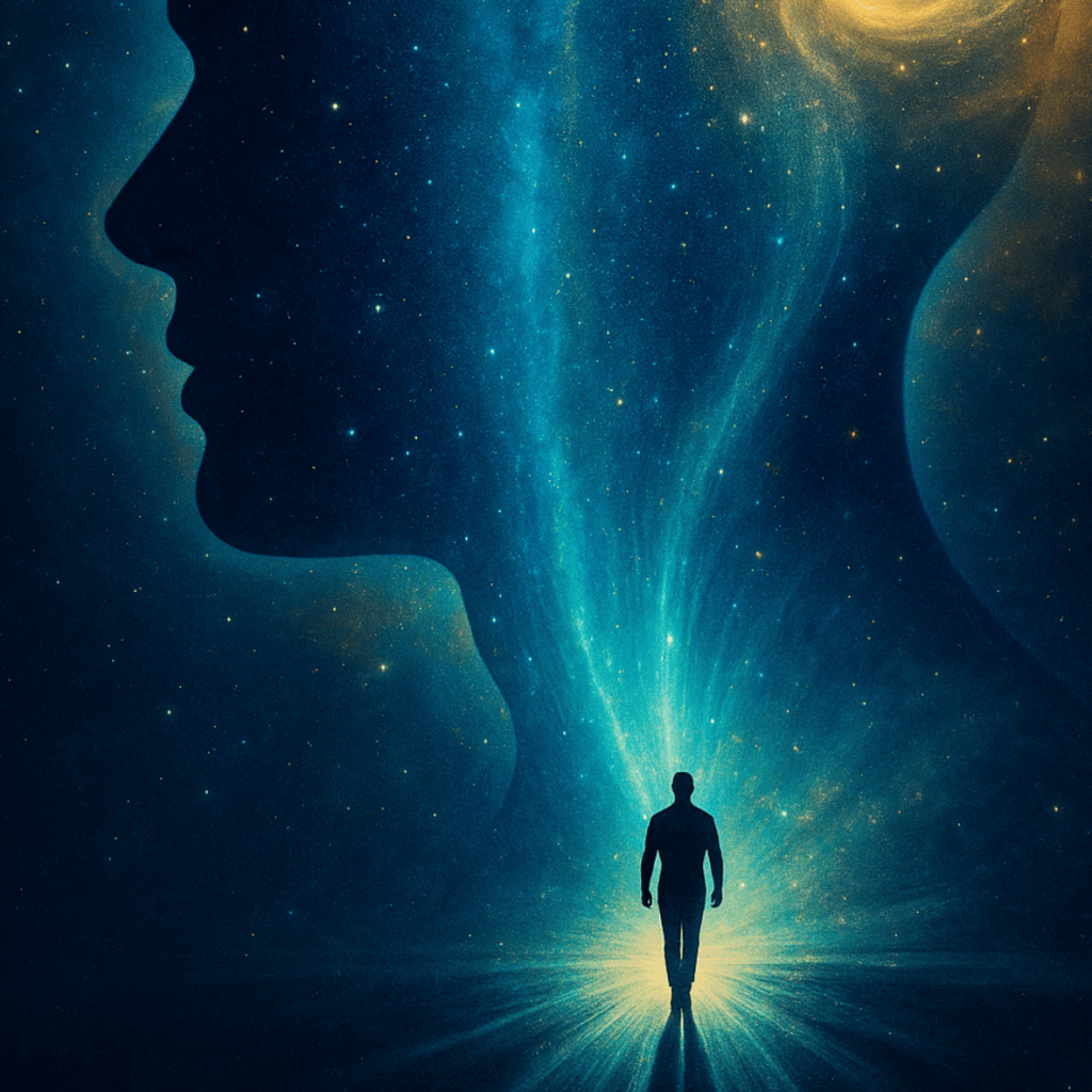 A silhouette of a human head with a starry space background, and a figure walking towards a bright light emanating from the center.