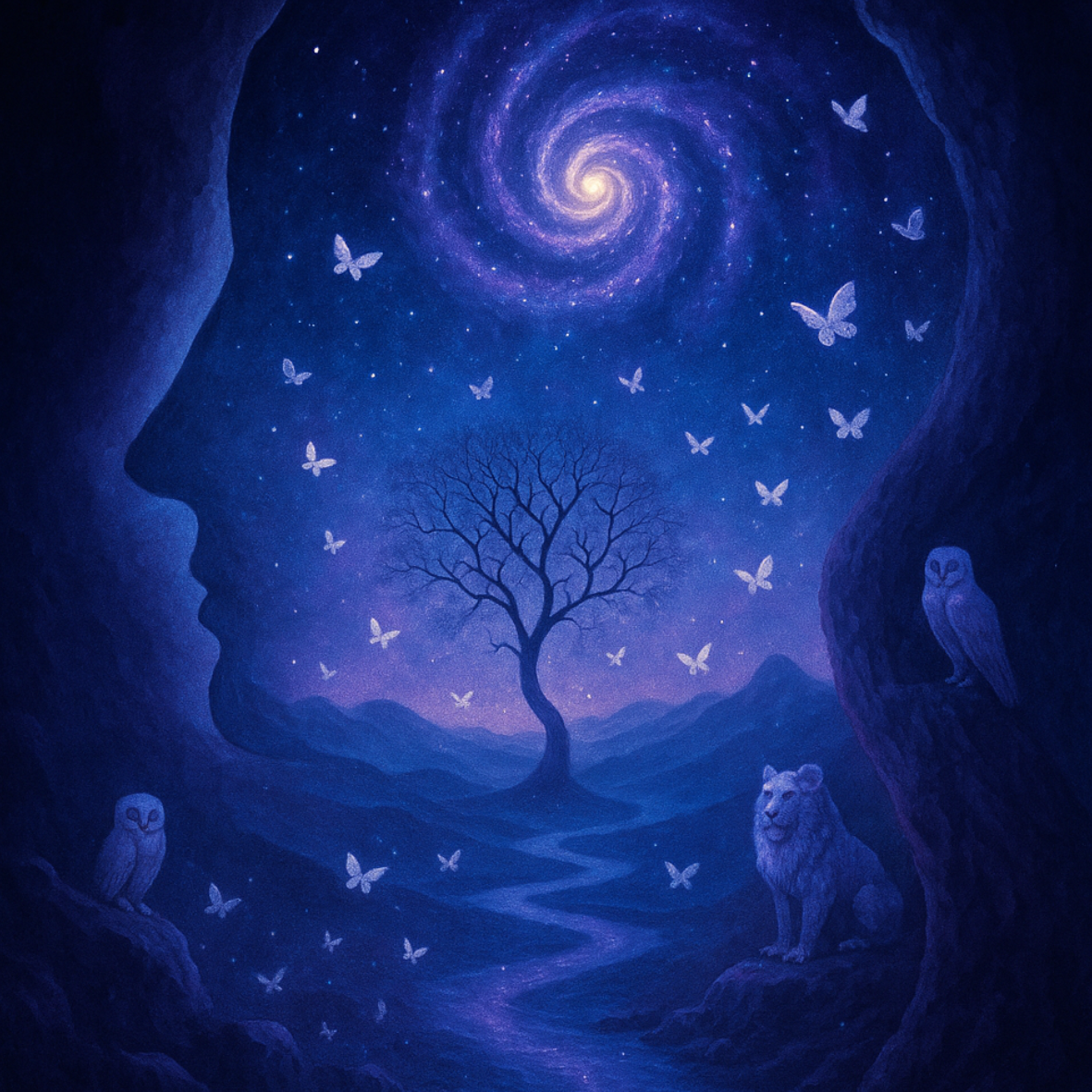 A surreal scene featuring a human profile outline, a spiral galaxy, a tree, butterflies, and animals like owls and a lion in a mystical landscape.