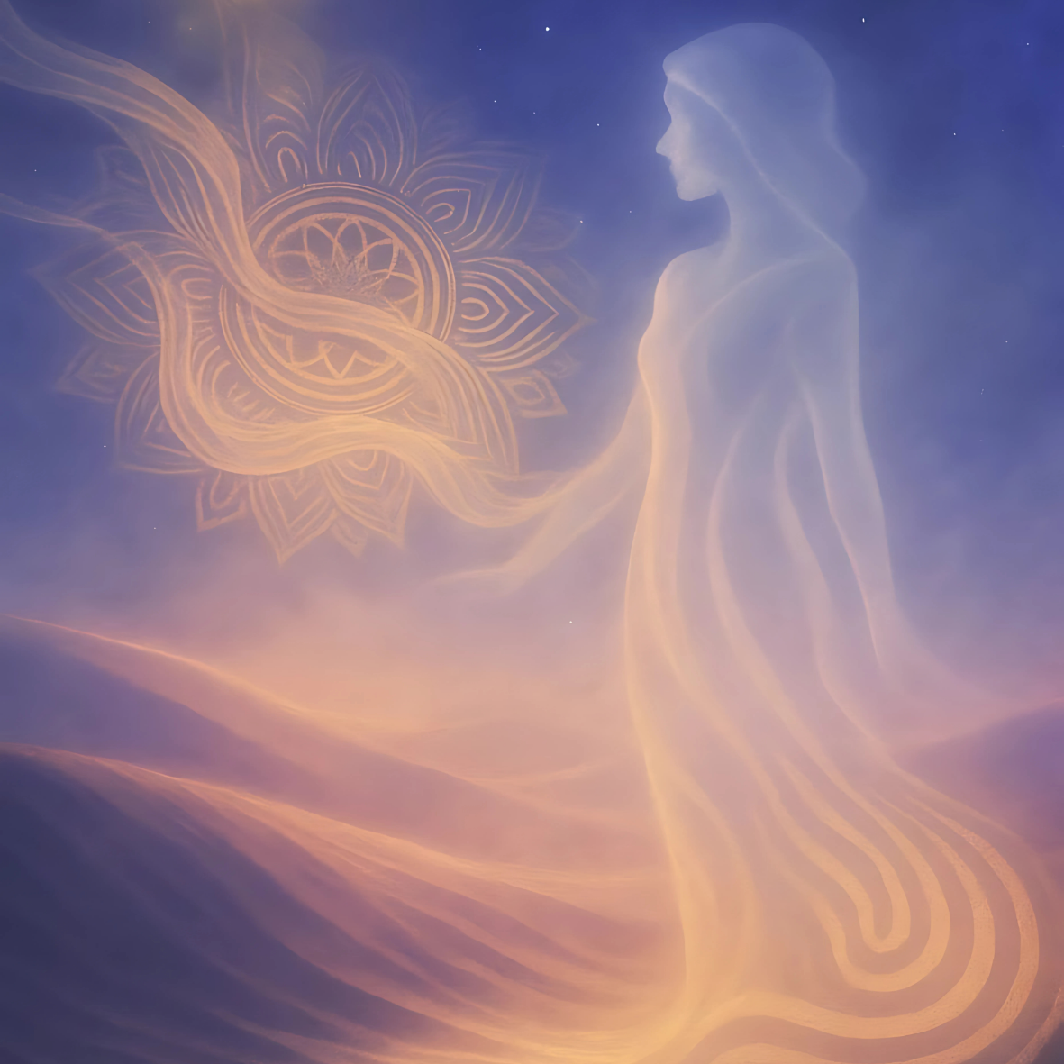 A mystical figure of a woman in a flowing dress, surrounded by swirling light and gentle contours, with a large floral pattern in the background against a gradient of purple and orange hues.