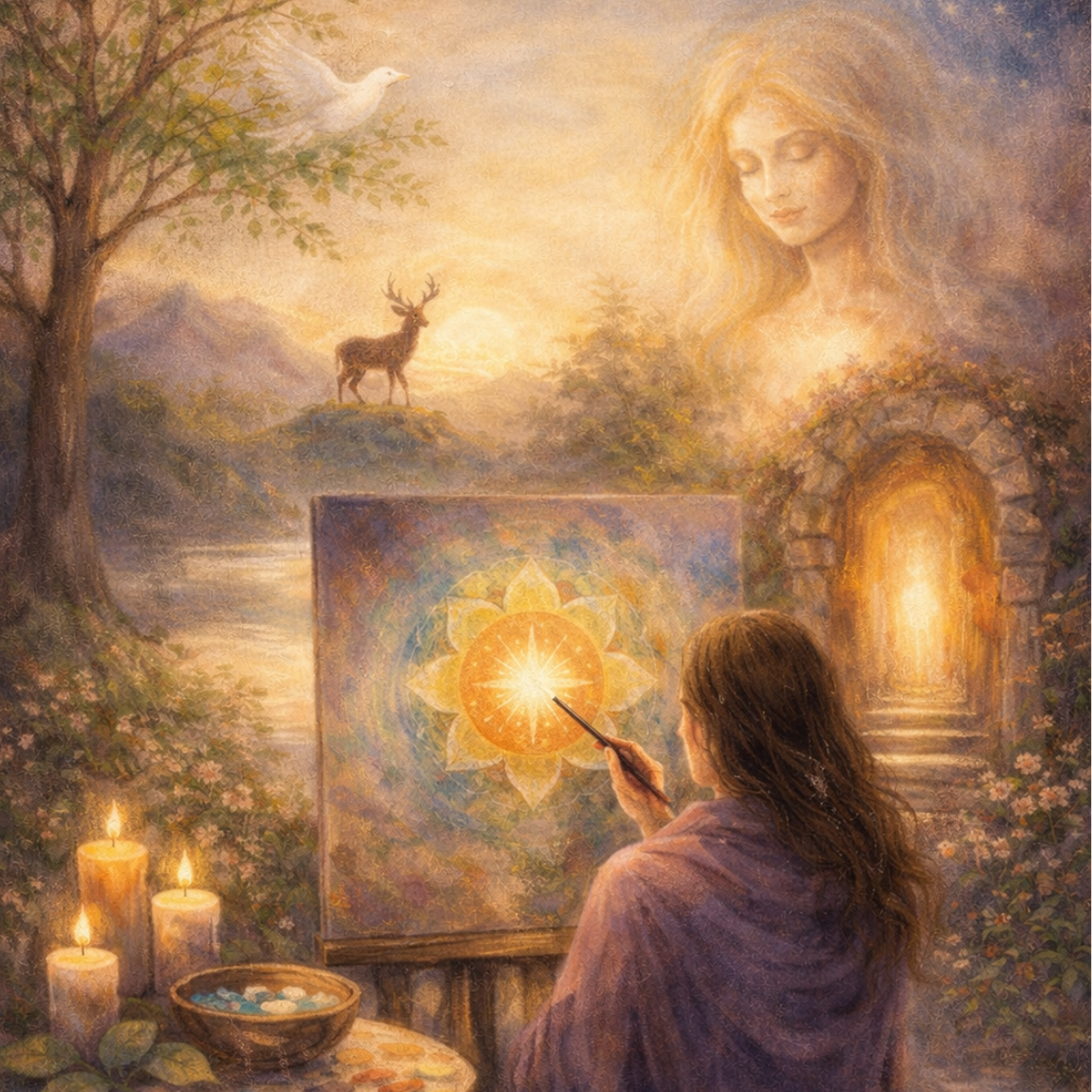 A serene scene depicting a woman painting a glowing mandala on a canvas, with a forest and mountains in the background. A deer stands on a hilltop while a dove flies above, and candles illuminate the area around her.